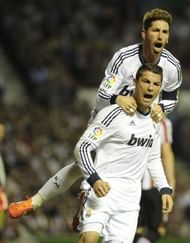 Real Madrid's Cristiano Ronaldo and Sergio Ramos celebrate after scoring against Bilbao, on April 14, 2013